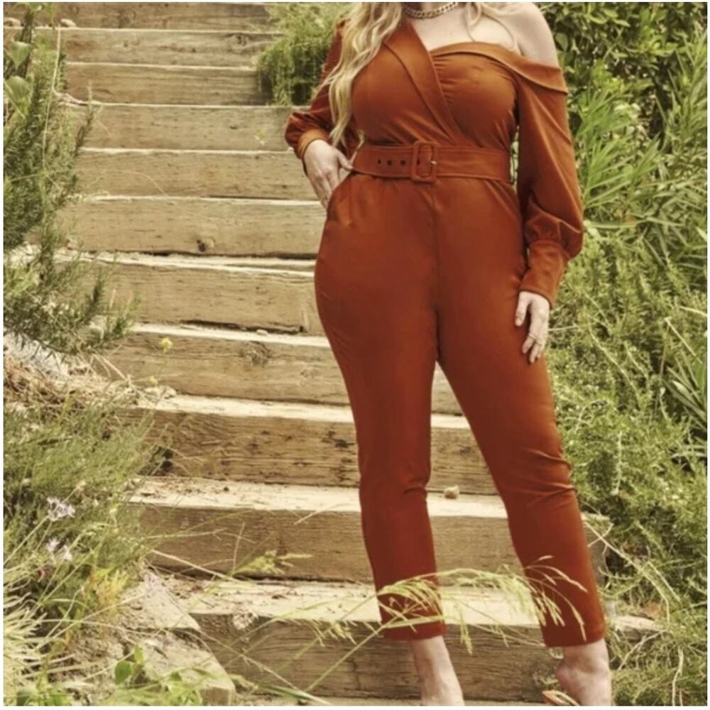 Shein Burnt Orange Women's Off the Shoulder Belted Jumpsuit Long Sleeve Size 16